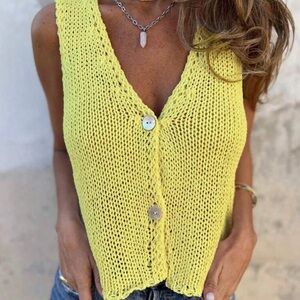 Yellow Knit V-Neck Button Front Tank